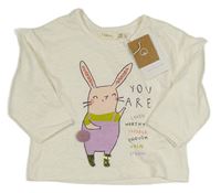 Nové - smotanové melírované tričko so zajačikom s flitrami a nápismi a volánikmi zn. Sfera