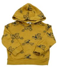 Okrová mikina s dinosaurami a vreckom a kapucňou zn. H&M