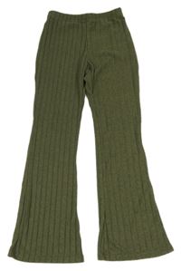 Khaki melírované rebrované flare úpletové nohavice SHEIN