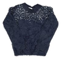 Tmavomodrý chlpatý sveter s flitrami POCOPIANO