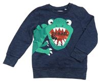 Tmavomodrá melírovaná mikina s dinosaurom s překlápěcími flitre C&A