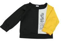 Čierno-bielo-žlutoranžová slabá mikina s nápisom