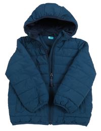 Tmavopetrolejová prošívaná šusťáková přechodová bunda s nápisy a kapucí C&A