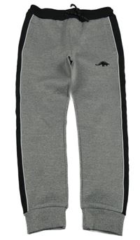 Šedo-černé melírované tech fleece tepláky s dinosaurem a pruhy PEP&CO