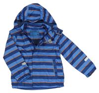 Modro-tmavomodro-oranžová pruhovaná šusťáková jarní bunda s traktorem a odepínací kapucí impidimpi