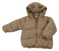 Hnědá prošívaná šusťáková zimní bunda s odepínací kapucí s oušky H&M