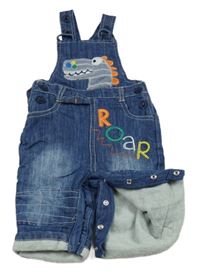 Modré zateplené laclové rifle s dinosaurem a nápisem