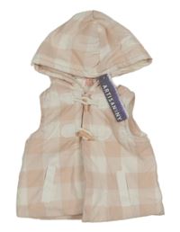 Nové - Svetloružová -biela kockovaná zateplená vesta s kapucňou