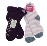 Nové - 2x ponožky - růžovo-bílé pruhované chlupaté + vínové zateplené s klokanmi