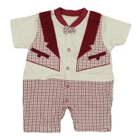 Bielo-červený bavlnený kraťasový overal s kockovaným vzorom a motýlkom