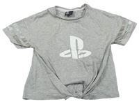 Sivé melírované crop tričko s uzlem - PlayStation George