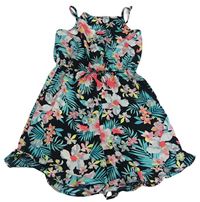 Černo-zeleno-růžový květovaný lehký kraťasový overal s listy Primark