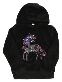 Čierna plyšová mikina s jednorožcem z flitrů a kapucňou Kiki&Koko