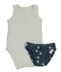 2 set - biele body + tmavomodré slipy s loptami