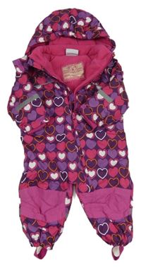 Fialovo-růžová šusťáková zimní kombinéza se srdíčky a kapucí Topomini