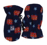 Tmavomodré fleecové palcové rukavice s autobusy 