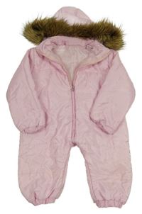 Světlerůžová šusťáková šusťáková zimní kombinéza s kapucí s kožešinou 