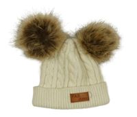 Smetanová pletená čepice s bambulemi 