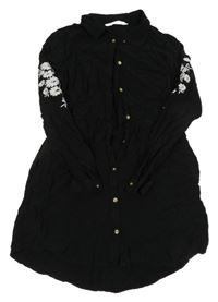 Černé propínací lehké šaty s výšivkami květů a límečkem H&M