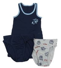 3 set - tmavomodrý nátělník s bagrem + šedé slipy + tmavomodré slipy 