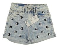 Nové - modré melírované riflové kraťasy s výšivkami Denim Co.