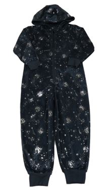Tmavomodrá plyšová kombinéza s vesmírem a kapucí George