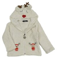 Bílá propínací plyšová mikina se soby a kapucí 