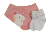 2set - Růžový plyšový slinták s jednorožcem + bílé ponožky 