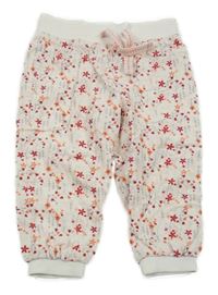 Bielo-červeno-sivo-ružové kvetované podšité cuff manšestráky s úpletovým pasom