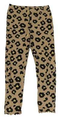 Béžovo-čierno-žlté rebrované úpletové legíny s leopardím vzorom Tu