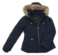Tmavomodrá prešívaná šušťáková zateplená bunda s kapucňou s kožešinou River Island