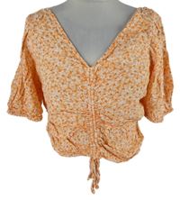 Dámska oranžová kvietkovana crop blúzka so stahováním H&M