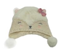 Bílo-smetanová kožešinovo/pletená čepice se zvířátkem