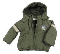 Khaki šusťáková zimní bunda s potiskem a kapucí 