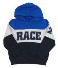 Modro-bielo-tmavomodrá mikina s nápisom a kapucňou