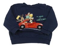 Tmavomodrá vianočná mikina s autom a darčekmi a zvieratkami a nápismi F&F