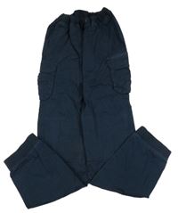 Tmavomodré plátěné cuff kalhoty s úpletovým pasem a kapsami C&A