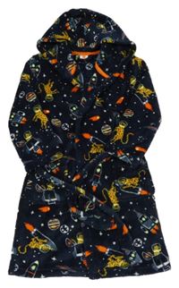 Tmavomodrý chlpatý župan s obrázkami a kapucňou Hema