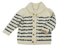 Smetanovo-tmavomodrý pruhovaný propínací svetr 