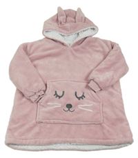Světlerůžová plyšová zateplená oversize dlouhá mikina s kapsou s čumáčkem a kapucí s oušky BIG SOFTY