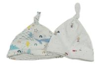2x čepice - bílá vzorovaná s medvídky + s velrybami 