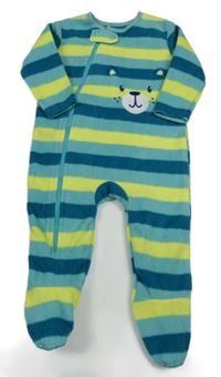 Zeleno-žltý pruhovaný fleecový overal s medvedíkom