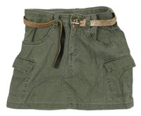 Khaki rifľová sukňa s vreckami a opaskom