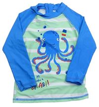 Modro-svetlozelené pruhované UV tričko s chobotnicí Matalan