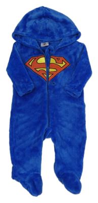 Kobaltově modrá chlpatá kombinéza so Superman a kapucňou