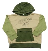 Béžovo-khaki mikina s dinosaurem a kapucí 