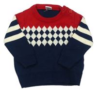 Tmavomodro-smetanovo-červený pletený sveter s károvaným vzorom a pruhmi babyhug