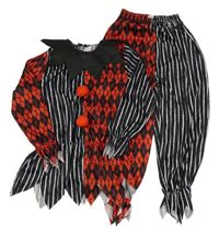 Kostým - 2Set - Černo-červeno-bílé pruhované kárované cípaté triko s bambulemi + kalhoty - klaun Tu
