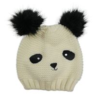 Smetanová pletená čepice s černými bambulemi - panda accessories