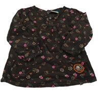 Tmavohnedá menšestrová šatová tunika s lístečky a kvietkami a sovičkou Topolino